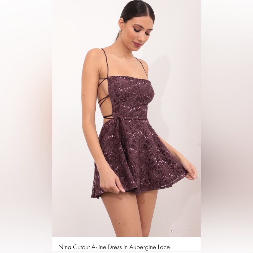 Nina Cutout A-line Dress in Aubergine Lace from Lucy in the Sky.